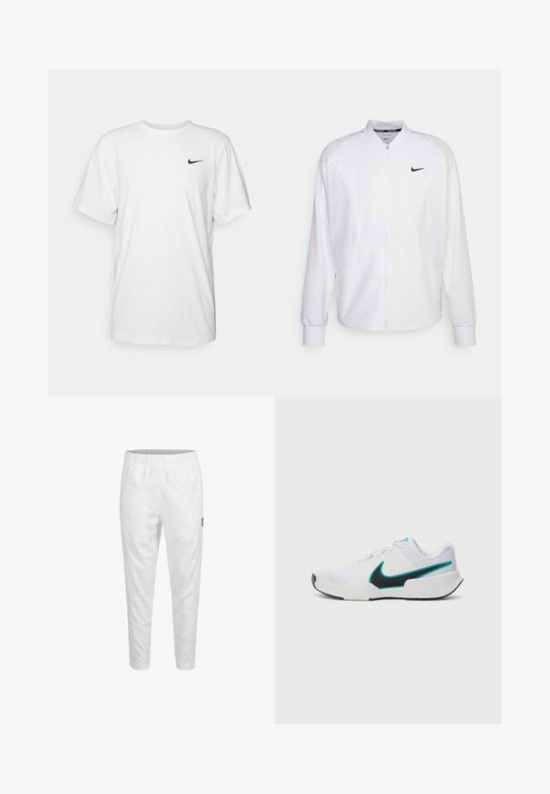 Weißer, kurzer Sportjacke mit glatter Oberfläche. Sie hat einen Stehkragen, lange Ärmel und ein kleines schwarzes Nike-Logo auf der Brust.; Weißes Baumwoll-T-Shirt mit kurzen Ärmeln, rundem Halsausschnitt und schwarzem Nike-Logo auf der linken Brust. Glattes, leichtes Material.; Weiße Sporthose mit elastischem Bund, schmal zulaufenden Beinen und einem kleinen Logo-Detail an der Seite. Glattes und leichtes Material.; Weißer Sportschuh mit strukturiertem Mesh-Obermaterial, schwarzer Gummisohle und türkisfarbenem Nike-Swoosh-Akzent. Verfügt über Schnürsenkel und gepolsterten Kragen.