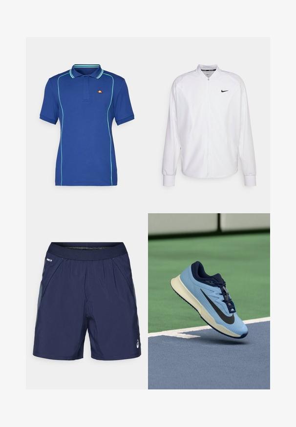 Valkoinen vetoketjullinen urheilutakki, joka on valmistettu sileästä kankaasta. Takissa on pystykotelo, pitkät hihat ja pieni musta Nike-logo rinnassa.; Tummansininen polo-paita, jossa on vaaleansinisiä korostusompeleita, lyhyet hihat ja ribbauskaulus; rintataskussa pieni brändilogo.; Navy blue urheilushortsit, joissa on joustava vyötärö, sivutaskut ja vaaleanharmaita yksityiskohtia. Valmistettu kevyestä, sileästä kankaasta mukavuutta varten.; Vaaleansininen urheilujalkine, jossa on tummansiniset yksityiskohdat, teksturoitu verkko-osa ylhäällä ja musta Swoosh-logo. Varusteena pehmustettu välikerros ja kumipohja.