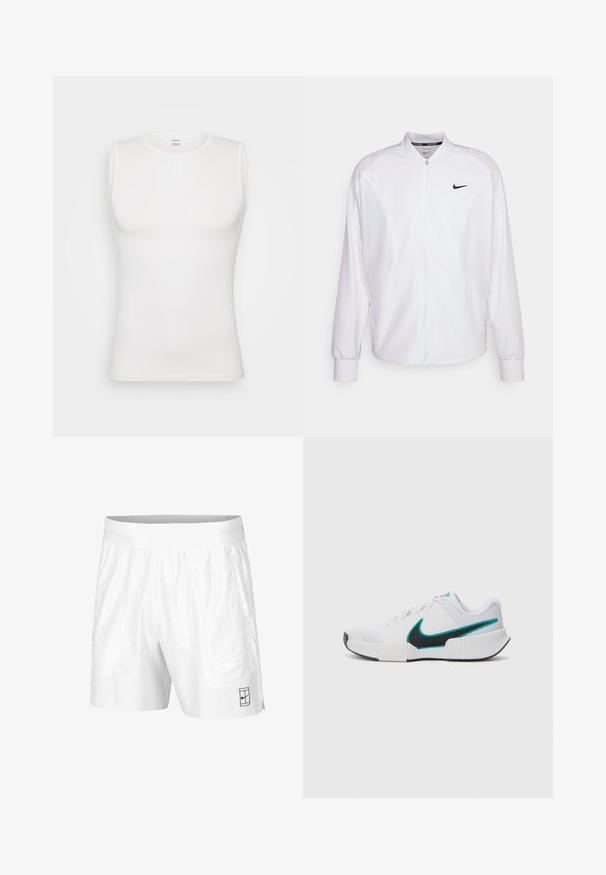 Giacca atletica bianca con zip realizzata in tessuto liscio. Presenta un colletto alto, maniche lunghe e un piccolo logo Nike nero sul petto.; Top bianco senza maniche realizzato in tessuto testurizzato con scollo rotondo e dettaglio con bottone. Finitura liscia, forma aderente e design semplice.; Pantaloni sportivi bianchi realizzati in tessuto leggero con vita elastica, dotati di due tasche laterali e un piccolo logo nero sull'orlo.; Scarpa da ginnastica bianca con tomaia in rete testurizzata, suola in gomma nera e accento teal del logo Nike. Presenta lacci e colletto imbottito.