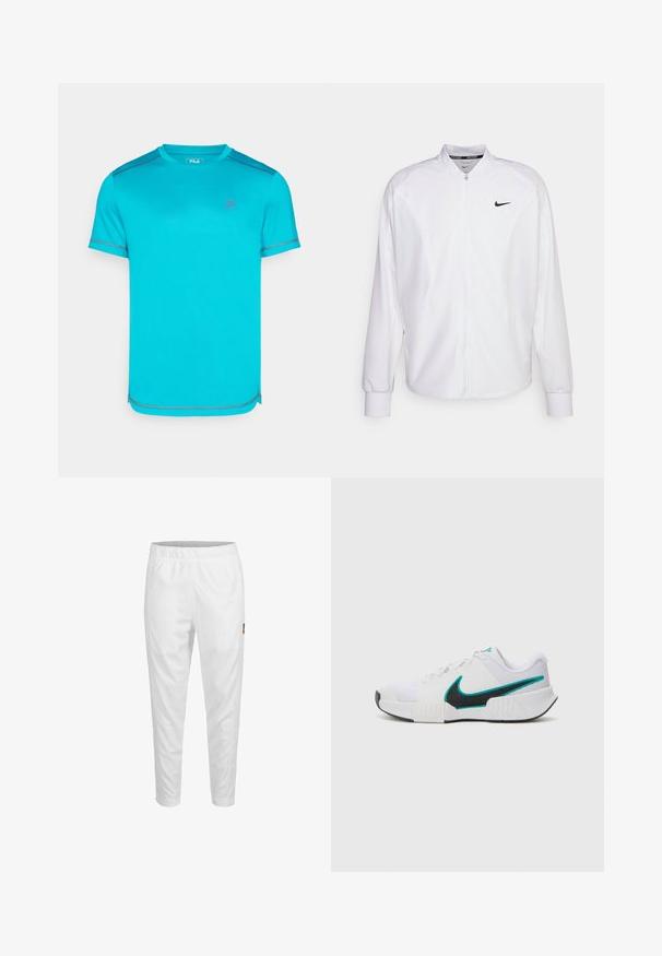 Chaqueta deportiva blanca con cremallera, fabricada con un tejido suave. Presenta un cuello alto, mangas largas y un pequeño logo negro de Nike en el pecho.; Camiseta deportiva turquesa de manga corta, con costuras en gris contrastante y un pequeño logo en el pecho. Textura suave, corte regular.; Pantalones atléticos blancos con cintura elástica, piernas ajustadas y un pequeño detalle de logo en el costado. Tejido suave y ligero.; Zapatilla deportiva blanca con parte superior de malla texturizada, suela de goma negra y acento del swoosh de Nike en color teal. Cuenta con cordones y un collar acolchado.