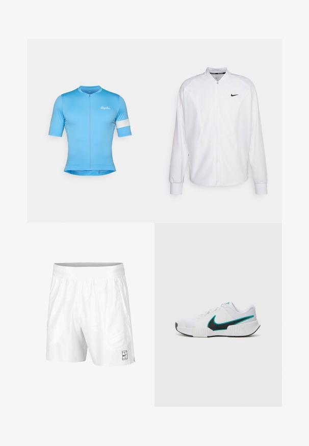Veste de sport blanche zippée en tissu lisse. Caractéristiques : col montant, manches longues et petit logo Nike noir sur la poitrine.; Maillot de cyclisme à manches courtes bleu avec une fermeture éclair à l'avant, fabriqué en tissu lisse et extensible. Comprend une bande d'accent blanche sur la manche et le logo "Rapha".; Shorts de sport blancs en tissu léger avec une taille élastique, dotés de deux poches latérales et d'un petit logo noir au bas.; Chaussure de sport blanche avec une tige en mesh texturé, semelle en caoutchouc noire et accent en teal sur le logo Nike. Équipée de lacets et d'un col rembourré.