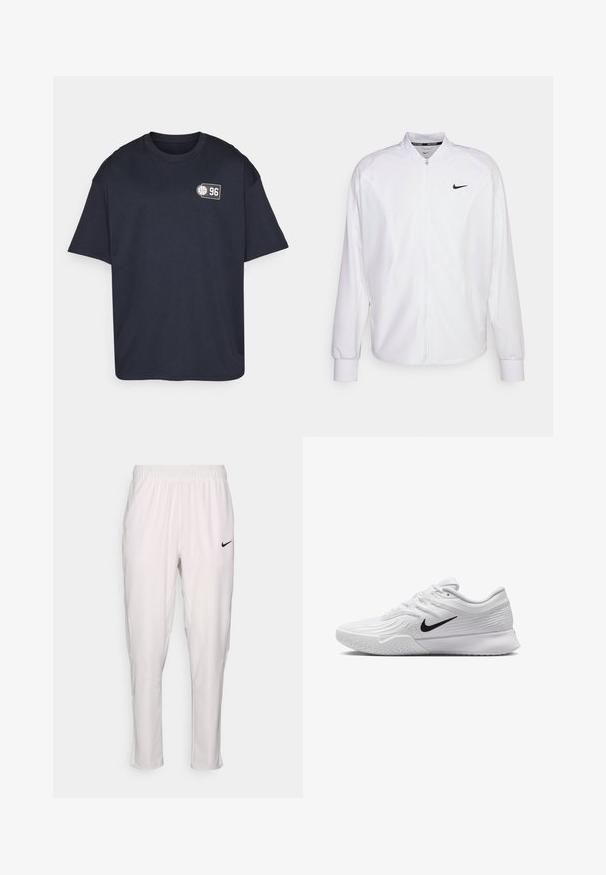 Chaqueta deportiva blanca con cremallera, fabricada con un tejido suave. Presenta un cuello alto, mangas largas y un pequeño logo negro de Nike en el pecho.; Camiseta de algodón azul marino de manga corta, con cuello redondo y un pequeño estampado gráfico que presenta el número 96 y un ícono de baloncesto.; Pantalones atléticos blancos con cinturilla elástica. Presentan un ajuste slim, textura suave y un pequeño logo negro de Nike en la parte frontal.; Zapatilla deportiva blanca con parte superior de malla texturizada, swoosh negro de Nike, cuello acolchado y suela de goma con un patrón de taco.