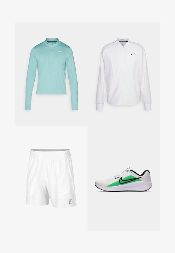 Weißer, kurzer Sportjacke mit glatter Oberfläche. Sie hat einen Stehkragen, lange Ärmel und ein kleines schwarzes Nike-Logo auf der Brust.; Helles Teal langärmliges Sportoberteil mit einem Halb-Zip-Kragen und dem weißen Nike-Logo auf der linken Brust. Glattes, dehnbares Material.; Weiße Sportshorts aus leichtem Gewebe mit einem elastischen Bund, ausgestattet mit zwei Seitentaschen und einem kleinen schwarzen Logo am Saum.; Weißer Sportschuh mit grünem Akzent, schwarzem Logo, oberer Schicht aus Netzmaterial, gepolsterter Sohle und abgerundetem Absatz. Verfügt über Schnürsenkel und kontrastierende Details.