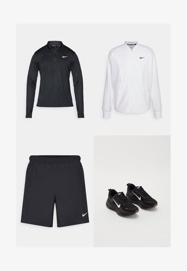Chaqueta deportiva blanca con cremallera, fabricada con un tejido suave. Presenta un cuello alto, mangas largas y un pequeño logo negro de Nike en el pecho.; Camisa deportiva de manga larga negra con cuello de media cremallera, hecha de una tela suave, con un logo blanco de Nike en el lado izquierdo del pecho.; Pantalones cortos deportivos negros hechos de un material ligero con una cintura elástica. Presenta un pequeño logo blanco de Nike en la parte inferior izquierda.; Zapatillas deportivas negras con una parte superior de malla transpirable, logo de Nike en blanco, suela texturizada y acentos marrones contrastantes. Incluye refuerzo en el talón.