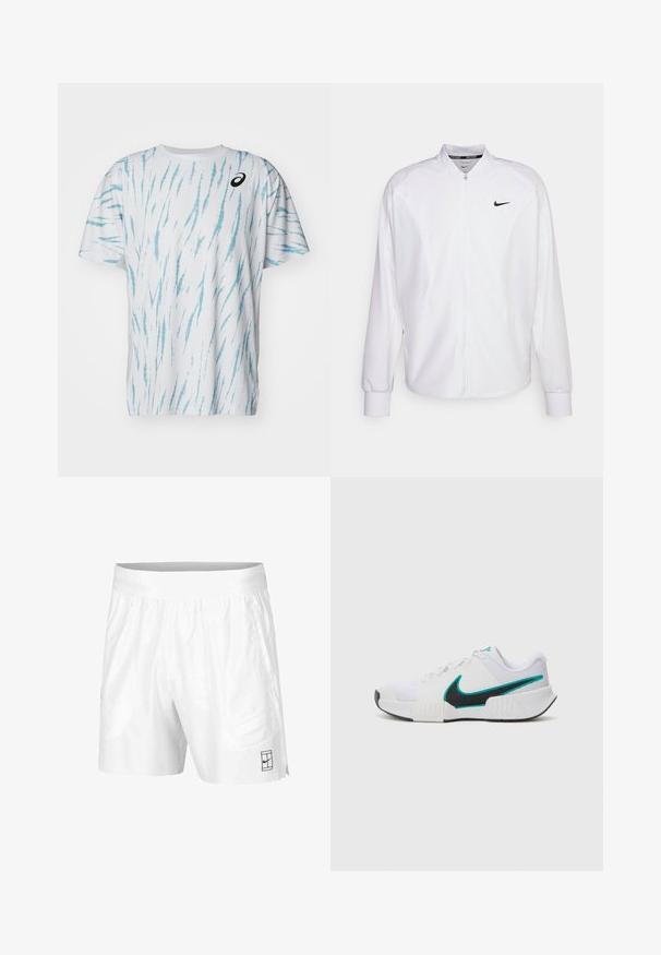 Weißer, kurzer Sportjacke mit glatter Oberfläche. Sie hat einen Stehkragen, lange Ärmel und ein kleines schwarzes Nike-Logo auf der Brust.; ASICS GAME - T-Shirt print - brilliant white; Weiße Sportshorts aus leichtem Gewebe mit einem elastischen Bund, ausgestattet mit zwei Seitentaschen und einem kleinen schwarzen Logo am Saum.; Weißer Sportschuh mit strukturiertem Mesh-Obermaterial, schwarzer Gummisohle und türkisfarbenem Nike-Swoosh-Akzent. Verfügt über Schnürsenkel und gepolsterten Kragen.