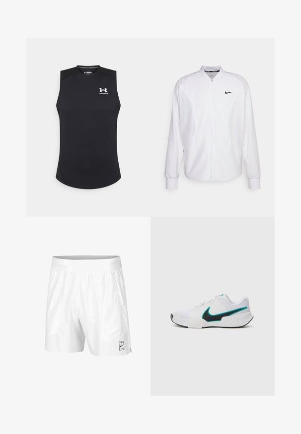 Chaqueta deportiva blanca con cremallera, fabricada con un tejido suave. Presenta un cuello alto, mangas largas y un pequeño logo negro de Nike en el pecho.; Top atlético negro sin mangas hecho de una tela suave y elástica. Cuenta con un escote redondo y un pequeño logo blanco en el pecho.; Pantalones cortos deportivos blancos hechos de una tela ligera con una cinturilla elástica, que cuentan con dos bolsillos laterales y un pequeño logo negro en el dobladillo.; Zapatilla deportiva blanca con parte superior de malla texturizada, suela de goma negra y acento del swoosh de Nike en color teal. Cuenta con cordones y un collar acolchado.