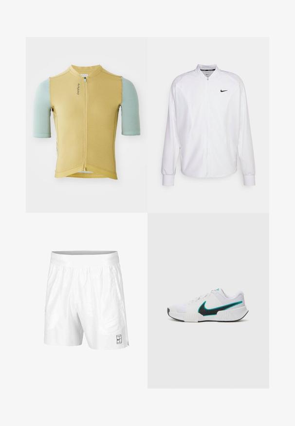 Witte zip-up sportjack gemaakt van gladde stof. Beschikt over een opstaande kraag, lange mouwen en een klein zwart Nike-logo op de borst.; Korte mouwen fietsshirt in geel en lichtblauw, met een rits aan de voorkant, gestructureerde stof en een getailleerde pasvorm.; Witte sportshorts gemaakt van lichtgewicht stof met een elastische tailleband, voorzien van twee zijzakken en een klein zwart logo op de zoom.; Witte sportieve schoen met een textuur mesh bovenwerk, zwarte rubberen zool en teal Nike swooshaccent. Voorzien van veters en een gewatteerde kraag.