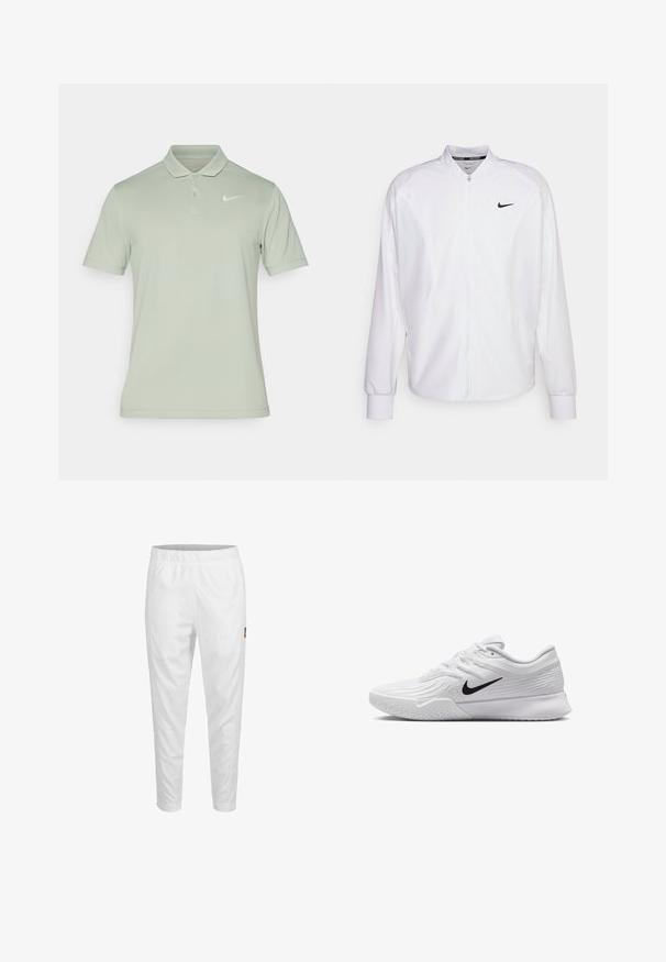 Witte zip-up sportjack gemaakt van gladde stof. Beschikt over een opstaande kraag, lange mouwen en een klein zwart Nike-logo op de borst.; Nike Performance NIKECOURT SOLID - Poloshirt - jade horizon/white; Witte sportbroeken met een elastische tailleband, taps toelopende pijpen en een klein logo op de zijkant. Gladde en lichte stof.; Witte sportieve schoen met textuur in het mesh bovenwerk, zwarte Nike swoosh, gevoerde kraag en rubberen zool met een profielpatroon.