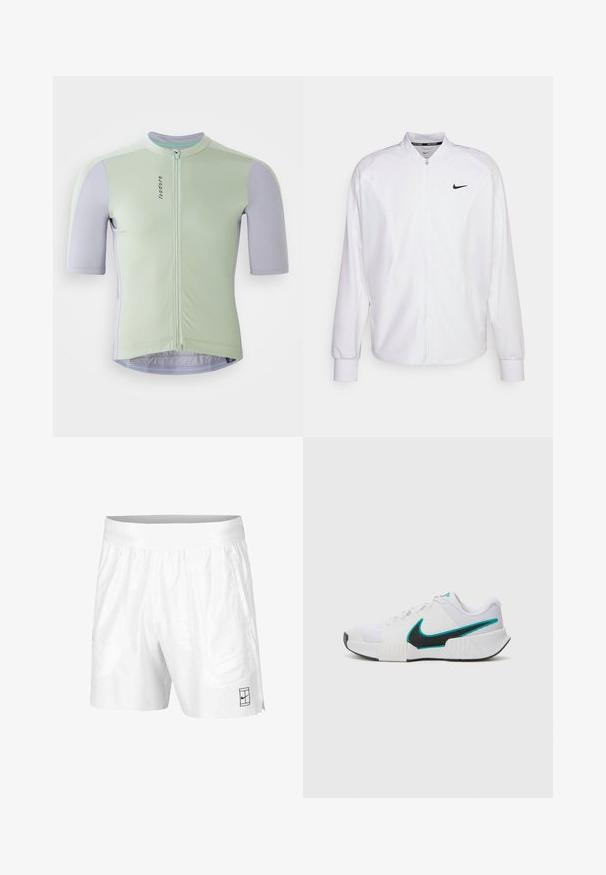 Witte zip-up sportjack gemaakt van gladde stof. Beschikt over een opstaande kraag, lange mouwen en een klein zwart Nike-logo op de borst.; Fietsshirt met korte mouwen in mintgroen met lichte paarse mouwen. Beschikt over een rits aan de voorkant en een subtiele logodetail aan de voorzijde.; Witte sportshorts gemaakt van lichtgewicht stof met een elastische tailleband, voorzien van twee zijzakken en een klein zwart logo op de zoom.; Witte sportieve schoen met een textuur mesh bovenwerk, zwarte rubberen zool en teal Nike swooshaccent. Voorzien van veters en een gewatteerde kraag.