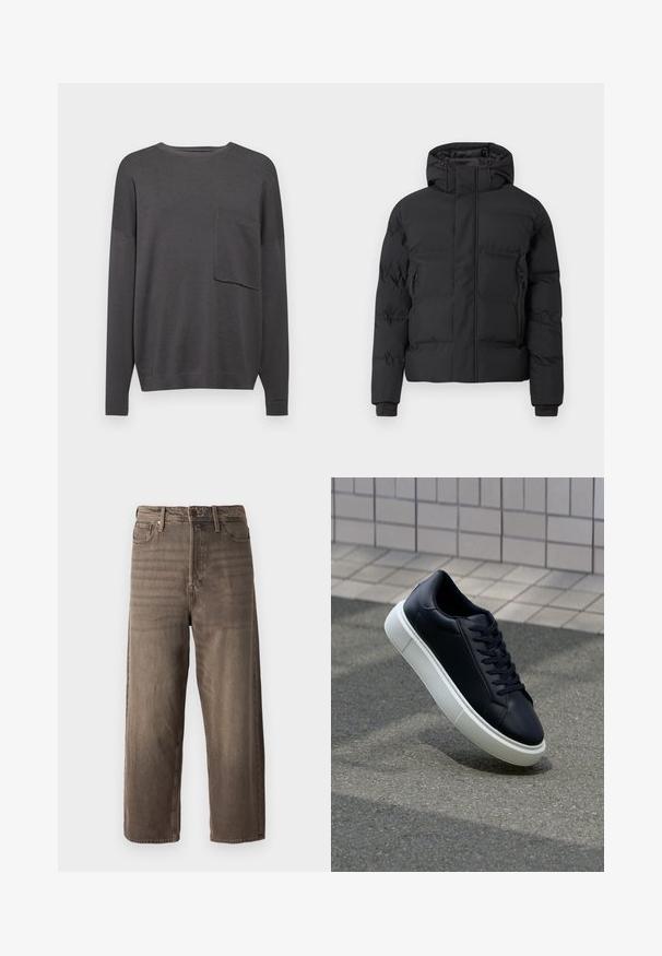 Juoda paminkštinta striukė su gaubtu, turi priekinę užtrauktuką ir šonines kišenes su užtrauktukais. Pagaminta iš lygaus, vandeniui atsparaus audinio.; Anglies pilkos spalvos ilgos rankovės megztinis su apvaliu kaklu ir viena krūtinės kišenė. Minkšta tekstūra, laisvas siluetas ir raukiniai ant rankovių.; Rudos platūs džinsai, pagaminti iš džinsinio audinio. Yra užtrauktukas, diržo kilpos ir penki kišenės. Audinys atrodo išblukęs, su tekstūrine išvaizda.; Juodas odinis sportbačius su apvaliu pirštu ir baltu gumuotu padu. Turi plokščias raišteles ir minimalų siuvimą viršuje. Padangos tekstūra užtikrina sukibimą.