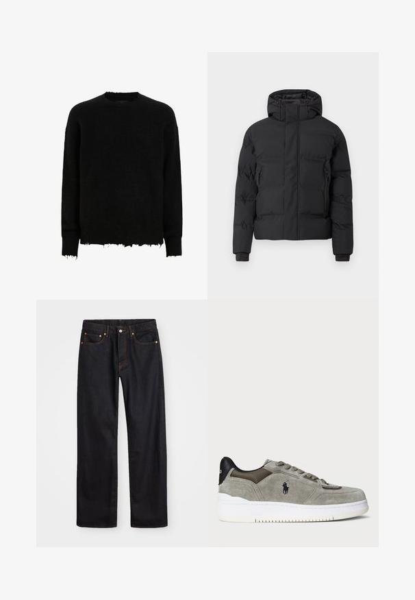 Fekete bélelt kabát kapucnival, elöl cipzárral és oldalsó cipzáras zsebekkel. Sima, vízlepergető anyagból készült.; Fekete, hosszú ujjú, kerek nyakú pulóver, rojtos szélekkel az ujjaknál és az alján, bolyhos kötött anyagból készült.; Férfi egyenes szabású fekete farmernadrág öt zsebbel és narancssárga varrással, gombos és cipzáros záródással elöl.; Szürke zsuede sportcipő, amely texturált felső résszel, kontrasztos fekete sarokkal, fehér talppal és hímzett logóval rendelkezik. Fűzős kialakítás, hat fűzőlyukkal.