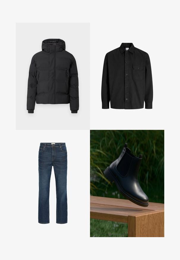 Melnā polsterētā jaka ar kapuci, priekšējā rāvējslēdzēja un sānu kabatām ar rāvējslēdzējiem. Izgatavota no gludas, ūdensizturīgas materiāla.; Melna garām piedurknēm pogājama kreklā ar apkakli un vienu krūšu kabatu ar pogājamā vāka dizainu.; Tumši zili džinsi ar taisnu piegriezumu, pieciem kabatām, kontrastējošām šuvēm un jostasvietu ar metāla pogu un jostas cilpām.; Melna ādas potīšu zābaku ar elastīgām sānu daļām, kas paaugstināti virs koka sola, zaļo lapu fons.