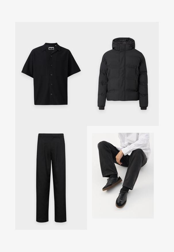 Svart vadderte jakke med hette, utstyrt med frontglidelås og glidelåslommer på sidene. Laget av et glatt, vannavstøtende materiale.; Svart kortermet skjorte med knapper og teksturert ribbet design, med krage og fem frontknapper, laget av et glatt stoff.; Sorte bukser laget av glatt stoff, med rette ben, to frontfoldninger og standard liv med beltehemper.; Svarte joggesko med en glatt og teksturert overflate, med gummisåle og mørke snører. Kombinert med svarte jeans og en hvit stripet skjorte.