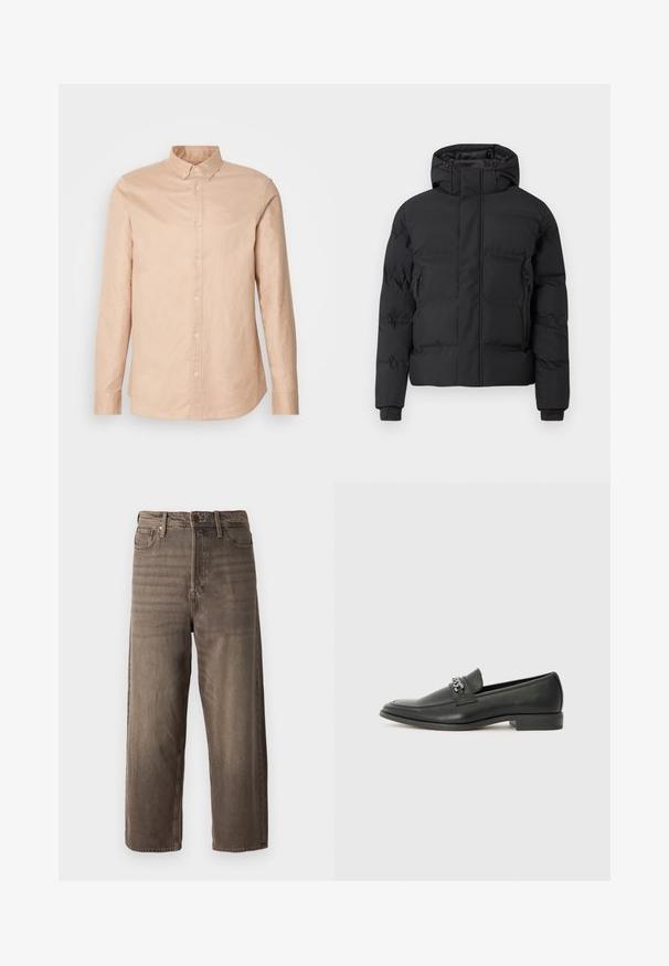 Sort polstret jakke med hætte, der har en frontlynlås og sidelommer med lynlås. Fremstillet af et glat, vandafvisende materiale.; Lys beige button-up skjorte lavet af bomuld med lange ærmer, en fitted krave og et lille logo på brystet. Glat tekstur, klassisk design.; Brune vide ben jeans lavet af denim. Har en lynlås, bæltesløjfer og fem lommer. Stoffet har et falmet, tekstureret udseende.; Sorte læder loafers med en glat finish, der har et syet design og et dekorativt metal kædeaccent hen over vamps. Flad hæl.