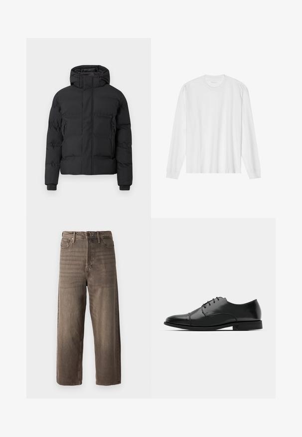 Casaco acolchoado preto com capuz, com fecho de correr frontal e bolsos laterais com fecho de correr. Feito de um material liso e resistente à água.; Camiseta de algodão branca de mangas longas com gola redonda e punhos canelados. Design simples e limpo, apresentando uma textura suave e um ajuste padrão.; Jeans largos castanhos em denim. Características incluem fecho éclair, passantes para cinto e cinco bolsos. O tecido apresenta uma aparência desbotada e texturizada.; Sapatilha de pele preta com biqueira arredondada, design de atacadores, detalhes de costura sutis e um salto baixo. Textura suave com acabamento polido.