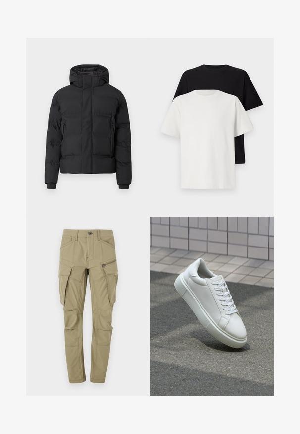 Juoda paminkštinta striukė su gaubtu, turi priekinę užtrauktuką ir šonines kišenes su užtrauktukais. Pagaminta iš lygaus, vandeniui atsparaus audinio.; Medvilniniai marškiniai, kuriuos sudaro juodas ir baltas marškinėliai, abu su trumpomis rankovėmis, apvaliu iškirpimu ir standartiniu sijonu. Tekstūruota medžiaga.; Tamsiai žali kargo džinsai, pagaminti iš patvarios medžiagos, su keliais šoninėmis kišenėmis, lieso kirpimo ir matomais siuvimo akcentais.; Balti odiniai sportbačiai su lygiu paviršiumi, apvalia nosimi ir plokščiomis baltomis raištelėmis. Yra tekstūruotas gumos padas ir minimalizmas dizaino elementuose.
