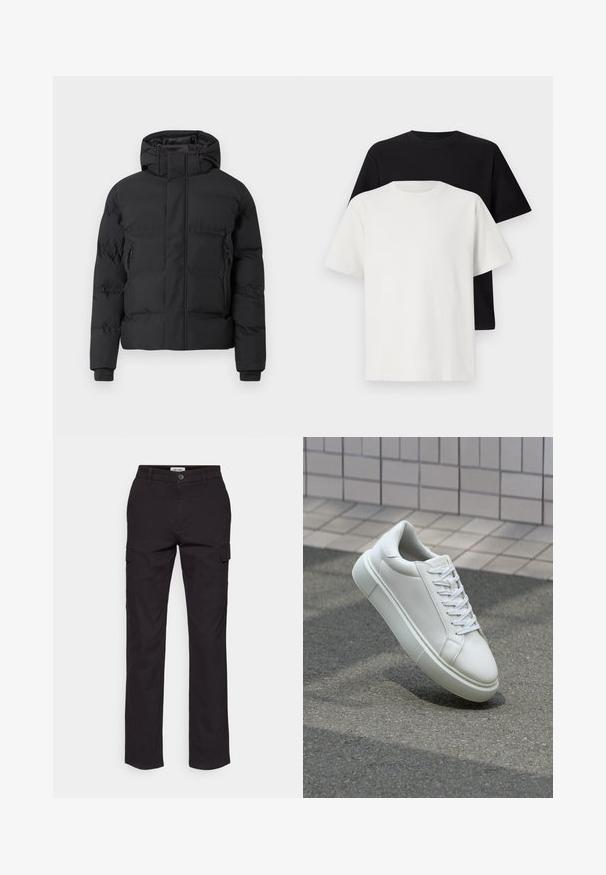 Schwarze Steppjacke mit Kapuze, ausgestattet mit einem Frontreißverschluss und seitlichen Reißverschlusstaschen. Hergestellt aus einem glatten, wasserabweisenden Material.; Baumwoll-T-Shirt-Set bestehend aus einem schwarzen Oberteil und einem weißen Oberteil, beide mit kurzen Ärmeln, Rundhalsausschnitt und normaler Passform. Texturiert.; Schwarze Cargo-Hosen mit geradem Bein, seitlichen Taschen, Knopfverschluss und robuster Baumwollmischung.; Weiße Leder-Sneaker mit glatter Oberfläche, runder Zehenpartie und flachen weißen Schnürsenkeln. Verfügt über eine strukturierte Gummisohle und minimalistische Designelemente.