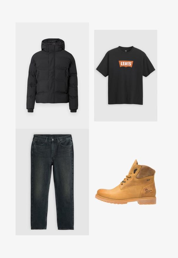 Melnā polsterētā jaka ar kapuci, priekšējā rāvējslēdzēja un sānu kabatām ar rāvējslēdzējiem. Izgatavota no gludas, ūdensizturīgas materiāla.; Melnā kokvilnas T-krekls ar lielu oranžu Levi's logo uz priekšpuses, īsām piedurknēm un apaļu kakla izgriezumu.; Tumši zili džinsi ar taisnu kāju griezumu, ar piecām kabatām, rāvējslēdzēju un kontrastējošām diegvīlēm. Auduma viegla izbalēšana.; Brūnas ādas potītes ar zamšiem, apaļas purngalas, mīksta apkakle un izturīga gumijas zole. Iekļauj dekoratīvu šuvumu un zīmola identifikāciju.