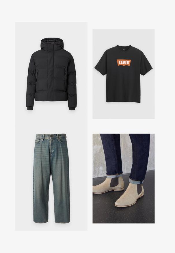 Black padded jacket with a hood, featuring a front zipper and side zippered pockets. Made from a smooth, water-resistant material.; Black cotton t-shirt featuring a large orange Levi's logo on the front, short sleeves, and a crew neck design.; Light blue denim jeans with a loose fit, mid-rise waist, and straight legs. Features five pockets, belt loops, and a button closure.; Zign LEATHER - Classic ankle boots - sand