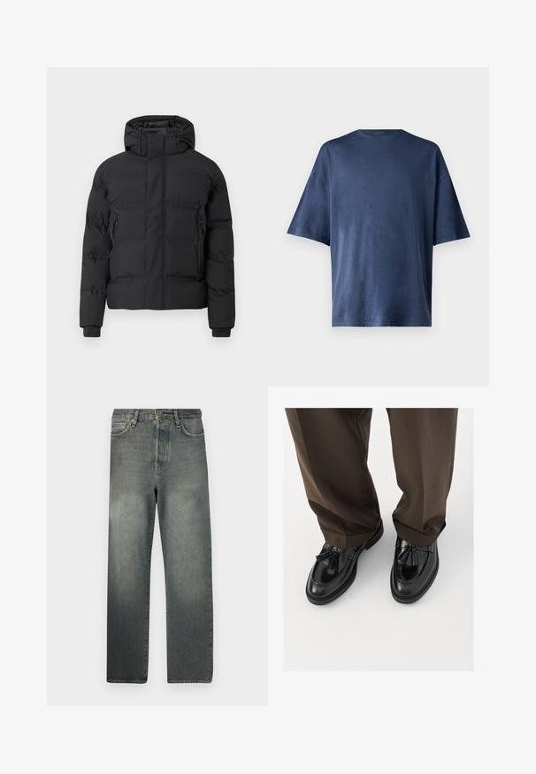 Svart vadderte jakke med hette, utstyrt med frontglidelås og glidelåslommer på sidene. Laget av et glatt, vannavstøtende materiale.; Marineblå kortermet T-skjorte, laget av myk stoff, har en klassisk rund hals og en avslappet passform, uten synlige mønstre eller aksenter.; Jack & Jones JJIALEX JJCOOPER - Baggy jeans - black denim; Sorte skinnloafers med rund tå, dekorative kvastene og strukturert søm, sammen med brune, litt løse bukser.