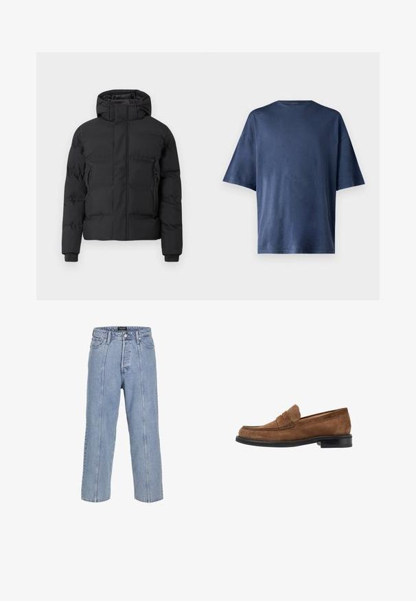 Geacă căptușită neagră cu glugă, prevăzută cu fermoar frontal și buzunare laterale cu fermoar. Fabricată dintr-un material neted și rezistent la apă.; Tricou navy blue cu mânecă scurtă, realizat dintr-un material moale, prezintă un guler clasic și o croială lejeră, fără modele sau accente vizibile.; Jeans din denim de culoare albastră deschisă, cu o croială lejeră, picioare largi și detalii de cusătură vizibile. Caracteristică un sistem de închidere cu nasture și fermoar, precum și cinci buzunare.; Loafer din suede maro cu un design cu vârf rotunjit, detalii cusute pe partea superioară și o talpă din cauciuc negru. Accente de bronz minime.
