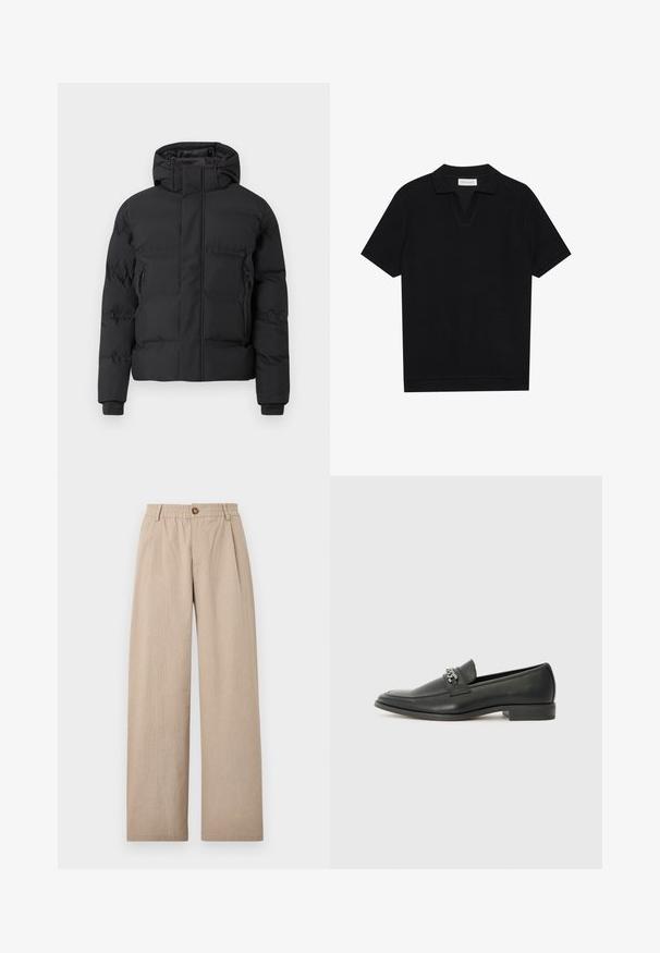 Crna podstavljena jakna s kapuljačom, s prednjim patentnim zatvaračem i bočnim džepovima na patentni zatvarač. Izrađena od glatkog, vodootpornog materijala.; Crna polu-majica kratkih rukava s teksturiranim, rebrastim materijalom, s V-izrezom i ravnim rubom. Bez vidljivih logotipa ili uzoraka.; Bež hlače širokih nogavica s teksturiranim finišem, s naborkima i elastičnim pojasom, zatvorenim brončanim gumbom sprijeda.; Crna kožna loafer cipela s glatkom finišem, s ušivenim uzorkom i dekorativnim metalnim lancem preko prednjeg dijela. Ravni potplat.