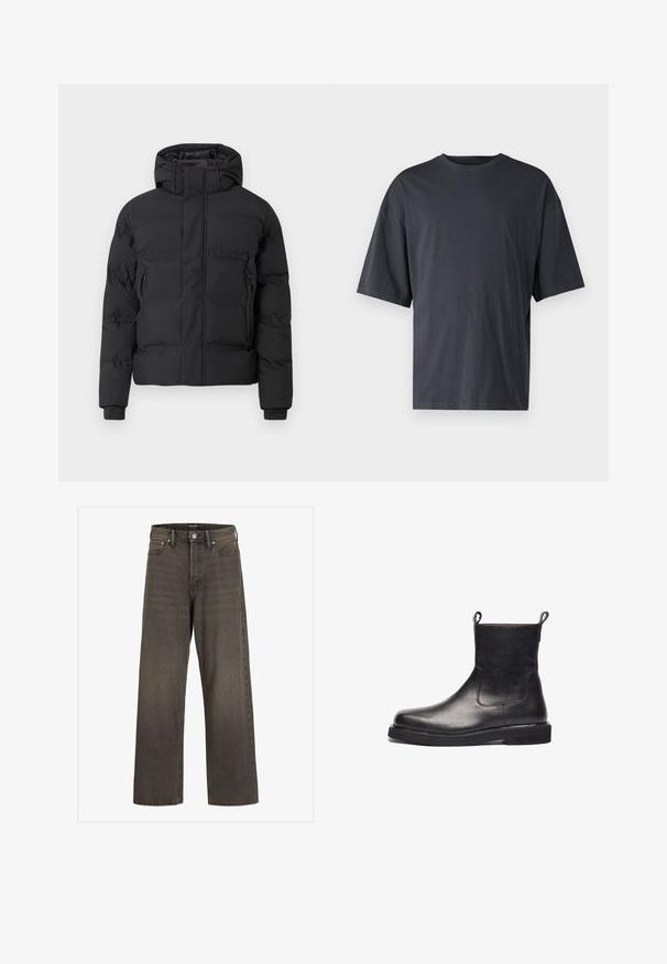 Black padded jacket with a hood, featuring a front zipper and side zippered pockets. Made from a smooth, water-resistant material.; Dark gray short-sleeve t-shirt made of lightweight cotton, featuring a loose fit and classic crew neckline, with plain texture and no patterns.; Wide-leg jeans in dark grey denim, featuring a high waist, classic five-pocket design, and contrasting stitching along the seams.; Black leather ankle boot with a smooth finish, elastic side panels, and pull tabs, featuring a rounded toe and flat rubber sole.