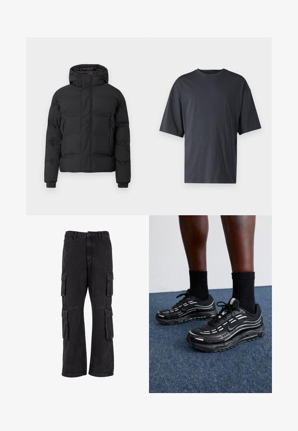 Fekete bélelt kabát kapucnival, elöl cipzárral és oldalsó cipzáras zsebekkel. Sima, vízlepergető anyagból készült.; Sötét szürke, rövid ujjú póló, könnyű pamutból készült, laza szabással és klasszikus kerek nyakkivágással, sima textúrájú és minták nélküli.; Fekete, pamutból készült cargo nadrág, laza szabással, több oldalsó zsebbel és varrott részletekkel. A textúra enyhén megfakult.; Fekete Nike cipők hálós felsőrésszel, kiemelő csíkokkal, texturált fűzővel és fekete gumitalppal rendelkeznek. Fekete bordázott zoknikkal viselve.