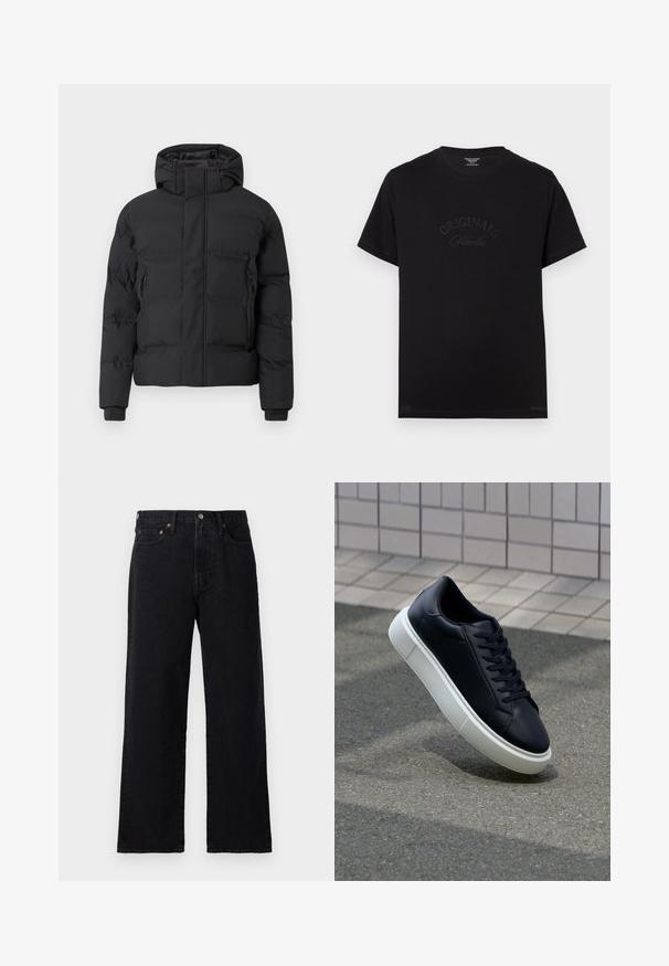 Schwarze Steppjacke mit Kapuze, ausgestattet mit einem Frontreißverschluss und seitlichen Reißverschlusstaschen. Hergestellt aus einem glatten, wasserabweisenden Material.; Schwarzes Baumwoll-T-Shirt mit kurzen Ärmeln und rundem Halsausschnitt. Auf der Vorderseite befindet sich der Schriftzug "ORIGINALS Studio" in eingeprägten, tonalen Buchstaben.; Schwarze Denim-Jeans mit geradem Bein, fünf Taschen, kupferfarbenen Hardware-Details und einem minimalistischen Design mit leicht strukturiertem Finish.; Schwarze Leder-Sneaker mit runder Zehenpartie und weißer Gummisohle. Verfügt über flache Schnürsenkel und minimale Nähte im Obermaterial. Strukturiertes Sohlenprofil für besseren Halt.