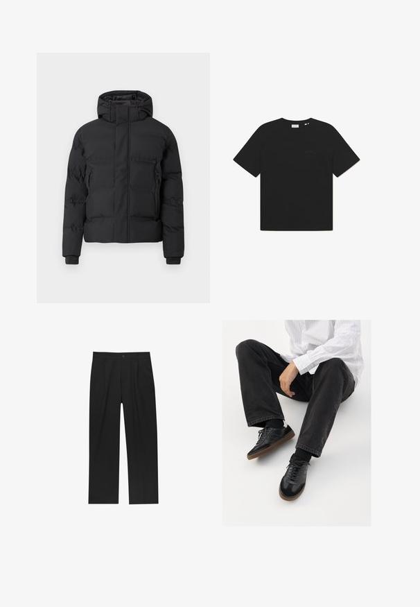 Črna podložena jakna s kapuco, z zadrgo spredaj in stranskimi žepki z zadrgo. Izdelana iz gladkega, vodoodpornega materiala.; Črna bombažna majica s krožnim ovratnikom in kratkimi rokavi. Na sprednji strani je subtilen logotip. Mehka tekstura in sproščen kroj.; Črne hlače z ravnim krojem, narejene iz gladkega materiala. Imajo sprednje gube in enojno zaponko na pasu.; Črne superge z gladkim in strukturiranim zgornjim delom, ki vključuje gumijast podplat in temne vezalke. Uvrščene so z štručasto črnimi kavbojkami in belo črtasto majico.