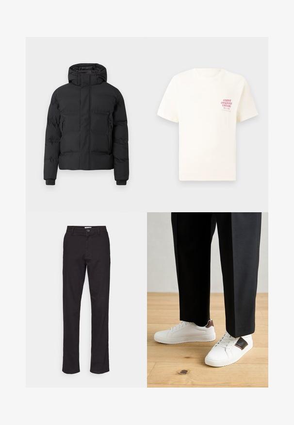 Mustast pehmendatud jope kapuutsiga, millel on ees tõmblukk ja külgedel tõmblukuga taskud. Valmistatud sileda, veekindla materjaliga.; Valge lühikeste varrukatega T-särk, millel on vasakul rinnal punane tekst "Studio Originals Edition", esitatud neutraalsel hallil taustal.; Mustast puuvillast valmistatud sirge säärega püksid, millel on ees nuppude kinnitamine ja küljetaskud. Sile tekstuur ja minimaalne disain.; Valged sneakersid siledat tekstuurist, millel on pruunad nahast detailid ja mustad aksessuaarid, millele on sobitatud mustad kohandatud püksid. Puitpõranda taust.