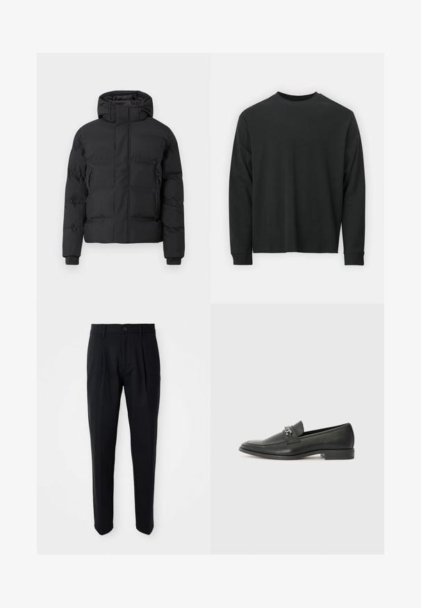 Svart vadderte jakke med hette, utstyrt med frontglidelås og glidelåslommer på sidene. Laget av et glatt, vannavstøtende materiale.; Langermet svart T-skjorte laget av bomull, med rund hals, løs passform og ribbestrikkede mansjetter. Glatt tekstur uten synlige mønstre.; Sorte skreddersydde bukser med frontfolder, knappelukking og beltestropper, vist mot en hvit bakgrunn.; Sorte skinnloafers med en glatt finish, og med en sydd design og en dekorativ metallkjedeakcent over foten. Flat hæl.
