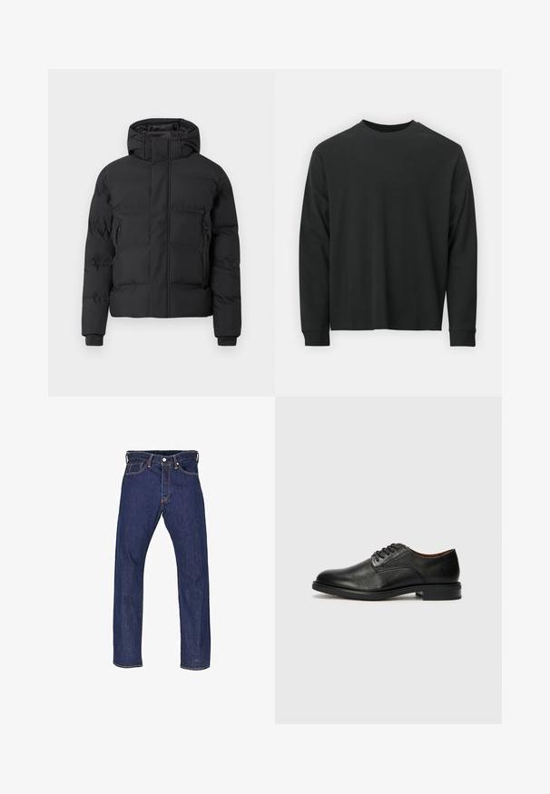 Juoda paminkštinta striukė su gaubtu, turi priekinę užtrauktuką ir šonines kišenes su užtrauktukais. Pagaminta iš lygaus, vandeniui atsparaus audinio.; Ilga melsva juoda marškinėliai, pagaminti iš medvilnės, su apvaliu iškirpimu, laisvu siluetu ir ripsuota apykakle. Lygus paviršius be matomų raštų.; Tamsiai mėlynos denim kelnės su tiesia pjūvio forma, penkios kišenės ir kontrastingi siūlai. Yra mygtukų užtrauktukas ir metaliniai papuošimai.; Tommy Hilfiger VOGUE LTH - Puošnūs suvarstomi batai - black