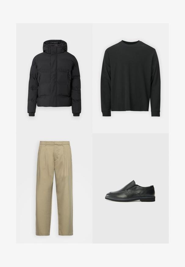 Mustast pehmendatud jope kapuutsiga, millel on ees tõmblukk ja külgedel tõmblukuga taskud. Valmistatud sileda, veekindla materjaliga.; Pika pikkade varrukatega must T-särk, mis on valmistatud puuvillast, ümarate kaelustega, lohvaka lõikega ja soonikute mansettidega. Sujuv tekstuur, ilma nähtavate mustriteta.; Beežid, kõrge vöökoht ja sirge lõikega püksid, millel on lame esiosa, küljetaskud ja sile, tekstuuriga kangas.; Must musta laia suuga king, millel on sile ülemine osa, õmmeldud detailid, ümmargune nina ja madal kummist konts. Tallal on minimaalne mustr.