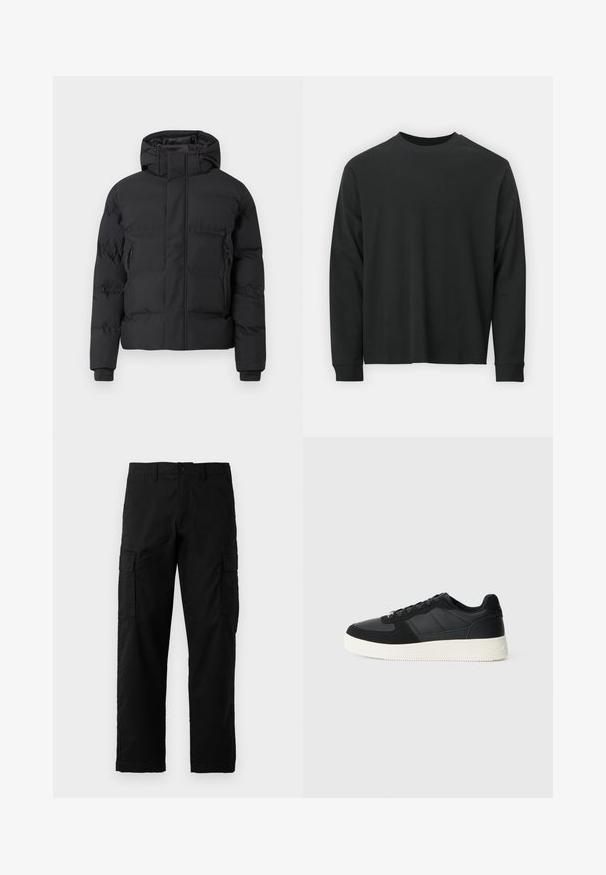 Crna podstavljena jakna s kapuljačom, s prednjim patentnim zatvaračem i bočnim džepovima na patentni zatvarač. Izrađena od glatkog, vodootpornog materijala.; Dugi rukav crni majica od pamuka, s okruglim izrezom, slobodnog kroja i rebrastim manžetama. Glatka tekstura bez vidljivih uzoraka.; Crne cargo hlače izrađene od izdržljivog materijala, s bočnim džepovima, ravnim krojem i kopčanjem na dugme na struku.; Crni niski tenisice s teksturiranom kožom i antilop panelima, bijelim gumene potplate i crnim vezicama na jednostavnoj svijetloj pozadini.