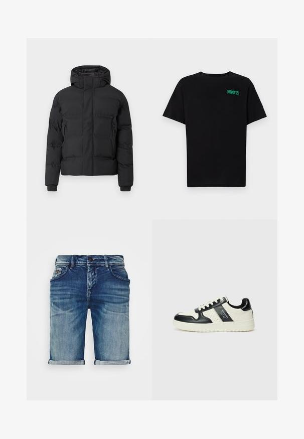 Juoda paminkštinta striukė su gaubtu, turi priekinę užtrauktuką ir šonines kišenes su užtrauktukais. Pagaminta iš lygaus, vandeniui atsparaus audinio.; Juodas medvilninis marškinėliai trumpomis rankovėmis. Priekyje yra žalias „ROOTS“ logotipas, apvalus iškirpimas ir standartinė prigludimo forma.; Mėlynos džinsinės šortai su šiek tiek nusidėvėjusiu paviršiumi. Turi sukamuosius rankogalius, penkių kišenių dizainą ir metalinį mygtuką.; Odiniai sportbačiai juodos ir kreminės spalvų schemoje, su perforuotais akcentais, paminkštinta apykakle ir tekstūruotu padu.