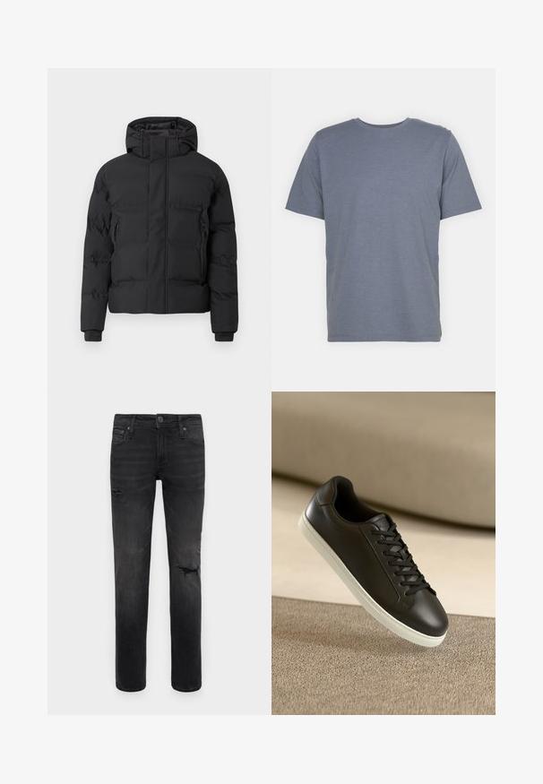 Svart vadderad jacka med huva, med en frontdragkedja och sidofickor med dragkedja. Tillverkad av ett smooth, vattenavvisande material.; Grå T-shirt med kort ärm och rund hals, tillverkad av mjukt bomullsblandat tyg. Enkel design, utan mönster eller accenter.; Svarta denimjeans med smal passform, med slitna områden ovanför knäna och subtila blekningar, standard femficksdesign och knappstängning.; Svarta lädersneakers med vit gummisula och svarta snörningar, placerade mot en beige tygyta och bakgrund.