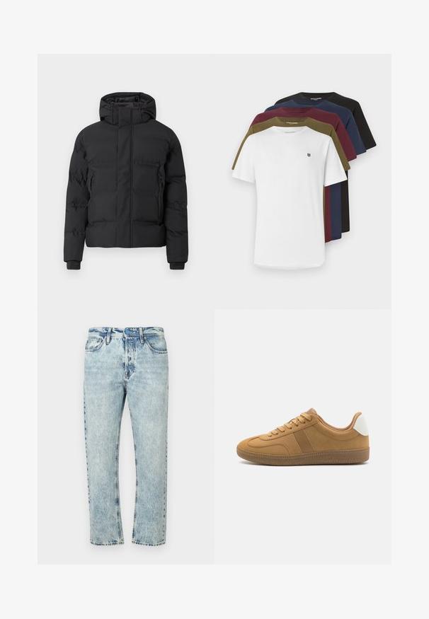 Fekete bélelt kabát kapucnival, elöl cipzárral és oldalsó cipzáras zsebekkel. Sima, vízlepergető anyagból készült.; Öt rövid ujjú póló fehér, olívazöld, bordó, tengerészkék és fekete színekben; pamutból készült, kerek nyakkivágással és apró logóval az elején.; Világoskék farmernadrág egyenes szárú kialakítással, kifakult mosással, standard öt zsebes stílussal és gombos sliccel.; Call it Spring IMPALLA - Sportcipő - tan