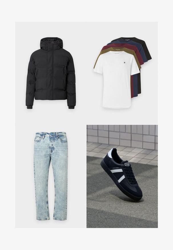 Czarna, pikowana kurtka z kapturem, zapinana na zamek z przodu, z bocznymi kieszeniami na zamek. Wykonana z gładkiego, wodoodpornego materiału.; Pięć krótkich koszulek z krótkim rękawem w kolorach białym, oliwkowym, bordowym, granatowym i czarnym; wykonane z bawełny, z okrągłym dekoltem i małym logo z przodu.; Jasnoniebieskie jeansy z denimu o prostych nogawkach, z efektem sprania, standardowym fasonem z pięcioma kieszeniami i zapięciem na guziki.; Czarne skórzane sneakersy z białymi paskami, teksturowana gumowa podeszwa i sznurowane z przodu. Posiadają metkę marki na języku.