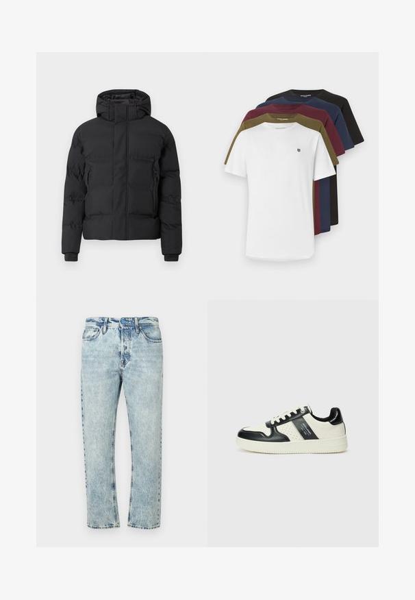 Czarna, pikowana kurtka z kapturem, zapinana na zamek z przodu, z bocznymi kieszeniami na zamek. Wykonana z gładkiego, wodoodpornego materiału.; Pięć krótkich koszulek z krótkim rękawem w kolorach białym, oliwkowym, bordowym, granatowym i czarnym; wykonane z bawełny, z okrągłym dekoltem i małym logo z przodu.; Jasnoniebieskie jeansy z denimu o prostych nogawkach, z efektem sprania, standardowym fasonem z pięcioma kieszeniami i zapięciem na guziki.; Skórzane sneakersy w czarno-kremowym schemacie kolorystycznym, z perforowanymi akcentami, wyściełanym kołnierzem i teksturowaną podeszwą.