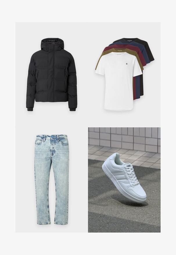 Fekete bélelt kabát kapucnival, elöl cipzárral és oldalsó cipzáras zsebekkel. Sima, vízlepergető anyagból készült.; Öt rövid ujjú póló fehér, olívazöld, bordó, tengerészkék és fekete színekben; pamutból készült, kerek nyakkivágással és apró logóval az elején.; Világoskék farmernadrág egyenes szárú kialakítással, kifakult mosással, standard öt zsebes stílussal és gombos sliccel.; Fehér sportcipő sima bőr felsőrésszel, fűzős elülettel, perforált orral és mintázott talppal. Minimalista dizájn három oldalsávval.
