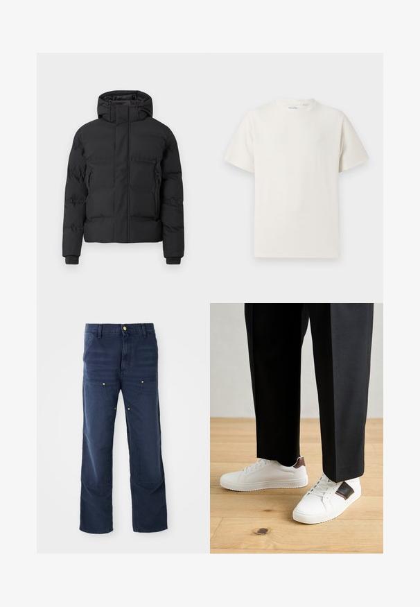 Melnā polsterētā jaka ar kapuci, priekšējā rāvējslēdzēja un sānu kabatām ar rāvējslēdzējiem. Izgatavota no gludas, ūdensizturīgas materiāla.; Balta krūštura īsām piedurknēm ar ribota auduma faktūru. Apaļš kakla izgriezums, brīvs griezums, bez redzamām rakstām vai akcentiem. Vienkāršs un daudzpusīgs dizains.; Tumši zili cargo bikses no denima, ar taisnu kāju dizainu, priekšējām kabatām un zelta toņa pogu akcentiem.; Baltā pārsoļa apavi ar gludu tekstūru, papildināti ar brūniem ādas akcentiem un melniem elementiem, savienoti ar melnām pielāgotām biksēm. Koka grīdas fons.