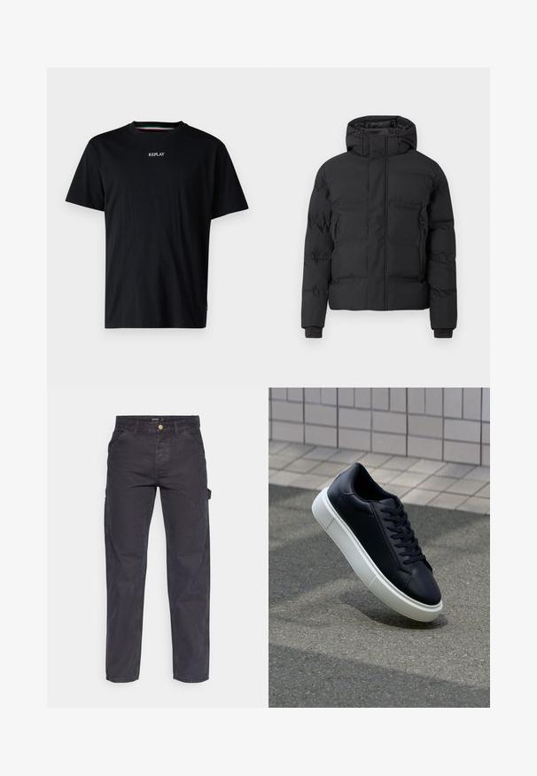 Svart vadderad jacka med huva, med en frontdragkedja och sidofickor med dragkedja. Tillverkad av ett smooth, vattenavvisande material.; Replay T-shirt - bas - black; Mörkgrå cargobyxor i slitstark tyg, med rak benform, fem fickor och knappstängning i midjan.; Svart lädersneaker med rundad tå och vit gummisula. Har platta snören och minimal sömnad på ovansidan. Texturerad sula för grepp.