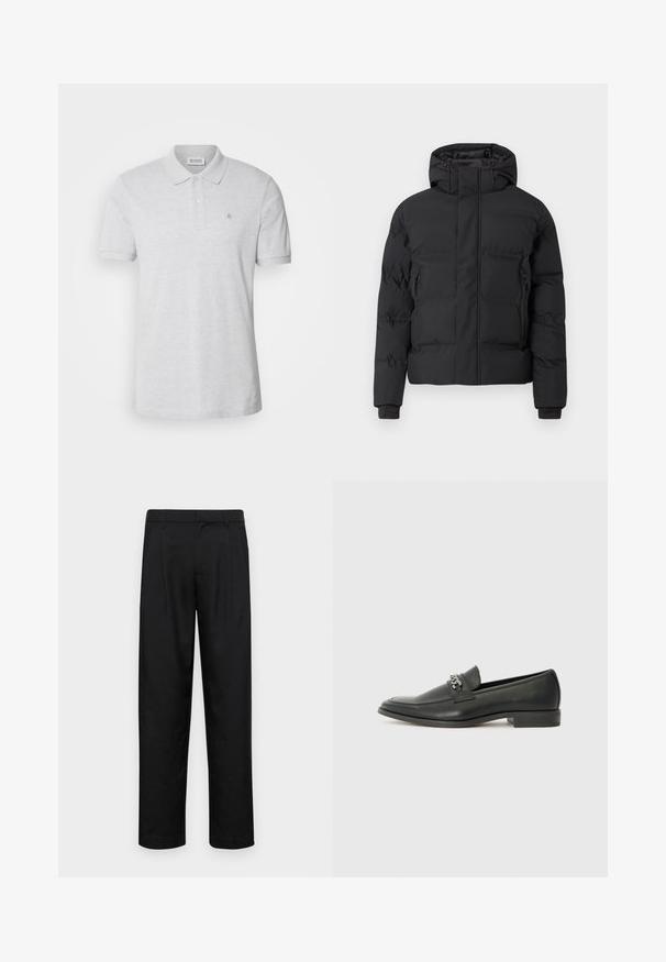 Zwarte gewatteerde jas met een capuchon, voorzien van een ritssluiting aan de voorkant en met ritssluitingen afgesloten steekzakken aan de zijkant. Gemaakt van een glad, waterbestendig materiaal.; Grijze polo shirt van katoen, met een klassieke kraag, een knoopsluiting met twee knopen en een klein geborduurd logo op de linkerborst.; Zwarte broeken van gladde stof, met een recht model, twee voorknikken en een standaard tailleband met riemlussen.; Zwarte leren instapper met een gladde afwerking, voorzien van een gestikt ontwerp en een decoratieve metalen kettingaccent over de wreef. Platte hak.