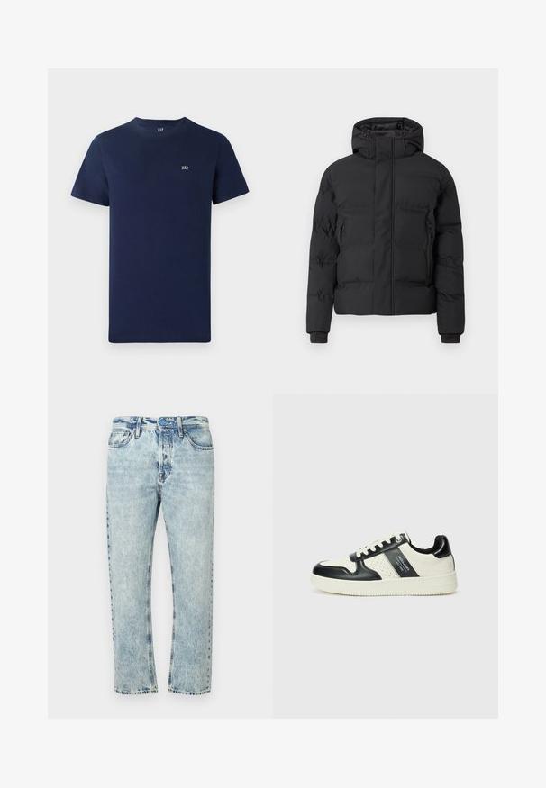 Black padded jacket with a hood, featuring a front zipper and side zippered pockets. Made from a smooth, water-resistant material.; Navy blue cotton t-shirt featuring short sleeves, round neckline, and a small embroidered logo on the chest. Simple design, unadorned texture.; Light blue denim jeans with a straight leg design, faded wash, standard five-pocket style, and a button-fly closure.; Leather sneakers with a black and cream color scheme, featuring perforated accents, a padded collar, and a textured outsole.