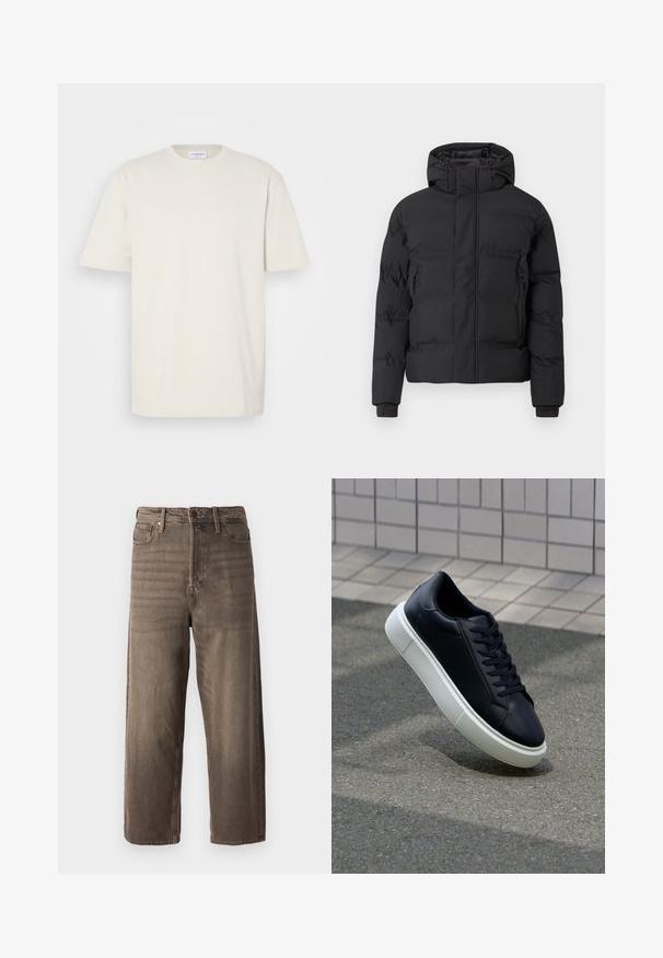Casaco acolchoado preto com capuz, com fecho de correr frontal e bolsos laterais com fecho de correr. Feito de um material liso e resistente à água.; T-shirt de manga curta em off-white, feita de algodão. Design clássico de decote redondo com corte reto e detalhes de costura minimalistas.; Jeans largos castanhos em denim. Características incluem fecho éclair, passantes para cinto e cinco bolsos. O tecido apresenta uma aparência desbotada e texturizada.; Sapatilha de couro preto com bico arredondado e sola de borracha branca. Apresenta atacadores planos e costuras mínimas na parte superior. Sola texturizada para melhor aderência.
