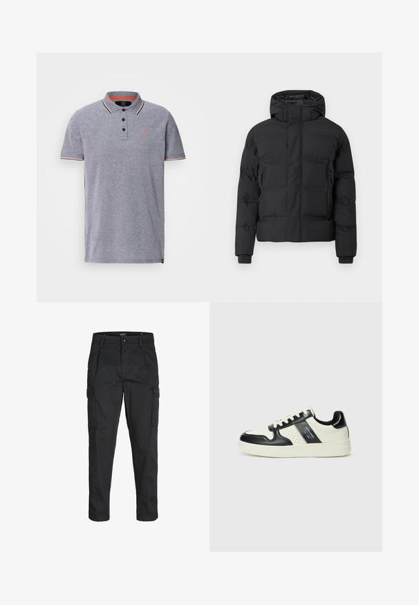 Sort polstret jakke med hætte, der har en frontlynlås og sidelommer med lynlås. Fremstillet af et glat, vandafvisende materiale.; Grå polo shirt med en tekstureret krave, treknap-lukning og kontrastfarvede røde detaljer på kraven og ærmerne. Lille logo på brystet.; Sorte cargo-bukser lavet af slidstærkt stof, der har flere lommer, en knaplukning og et slim fit design med smalle ben.; Lædersneakers i sort og creme farveskema, med perforerede detaljer, en polstret krave og en struktureret ydersål.