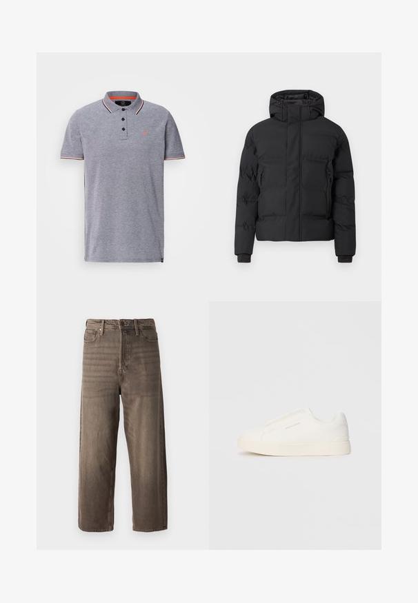Schwarze Steppjacke mit Kapuze, ausgestattet mit einem Frontreißverschluss und seitlichen Reißverschlusstaschen. Hergestellt aus einem glatten, wasserabweisenden Material.; Graues Poloshirt mit strukturiertem Kragen, Drei-Knopf-Leiste und kontrastierenden roten Akzenten am Kragen und den Ärmeln. Kleines Logo auf der Brust.; Braune weit geschnittene Jeans aus Denim. Mit Reißverschluss, Gürtelschlaufen und fünf Taschen. Der Stoff hat eine verblasste, strukturierte Optik.; Weiße Slip-On-Sneaker mit einer strukturierten Oberfläche, dicker Sohle und minimalistischem Design. Mit Logo der Marke an der Seite.
