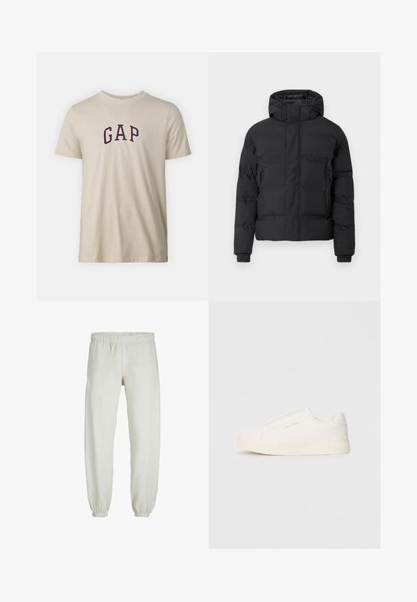 Schwarze Steppjacke mit Kapuze, ausgestattet mit einem Frontreißverschluss und seitlichen Reißverschlusstaschen. Hergestellt aus einem glatten, wasserabweisenden Material.; GAP NEW ARCH - T-Shirt print - bedrock; Weiße Jogginghose aus weichem Stoff, mit elastischem Bund und Säumen, einer glatten Textur und lockerem Schnitt.; Weiße Slip-On-Sneaker mit einer strukturierten Oberfläche, dicker Sohle und minimalistischem Design. Mit Logo der Marke an der Seite.
