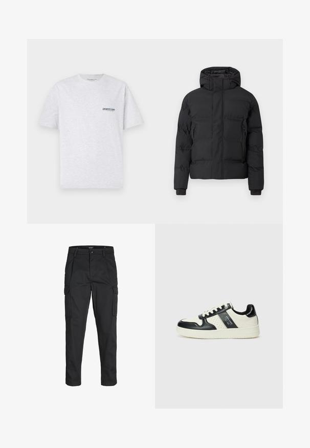 Fekete bélelt kabát kapucnival, elöl cipzárral és oldalsó cipzáras zsebekkel. Sima, vízlepergető anyagból készült.; Szürke, rövid ujjú póló, amelyen a bal mellrészen egy kis kék "project core" logó látható, egy sima háttér előtt.; Fekete cargo nadrág, amely tartós anyagból készült, több zsebet tartalmaz, gombos záródással rendelkezik, és karcsú szabású, szűkített lábakkal bír.; Fekete és krém színű bőrsneaker, perforált díszítésekkel, párnázott bokapánttal és texturált talppal.